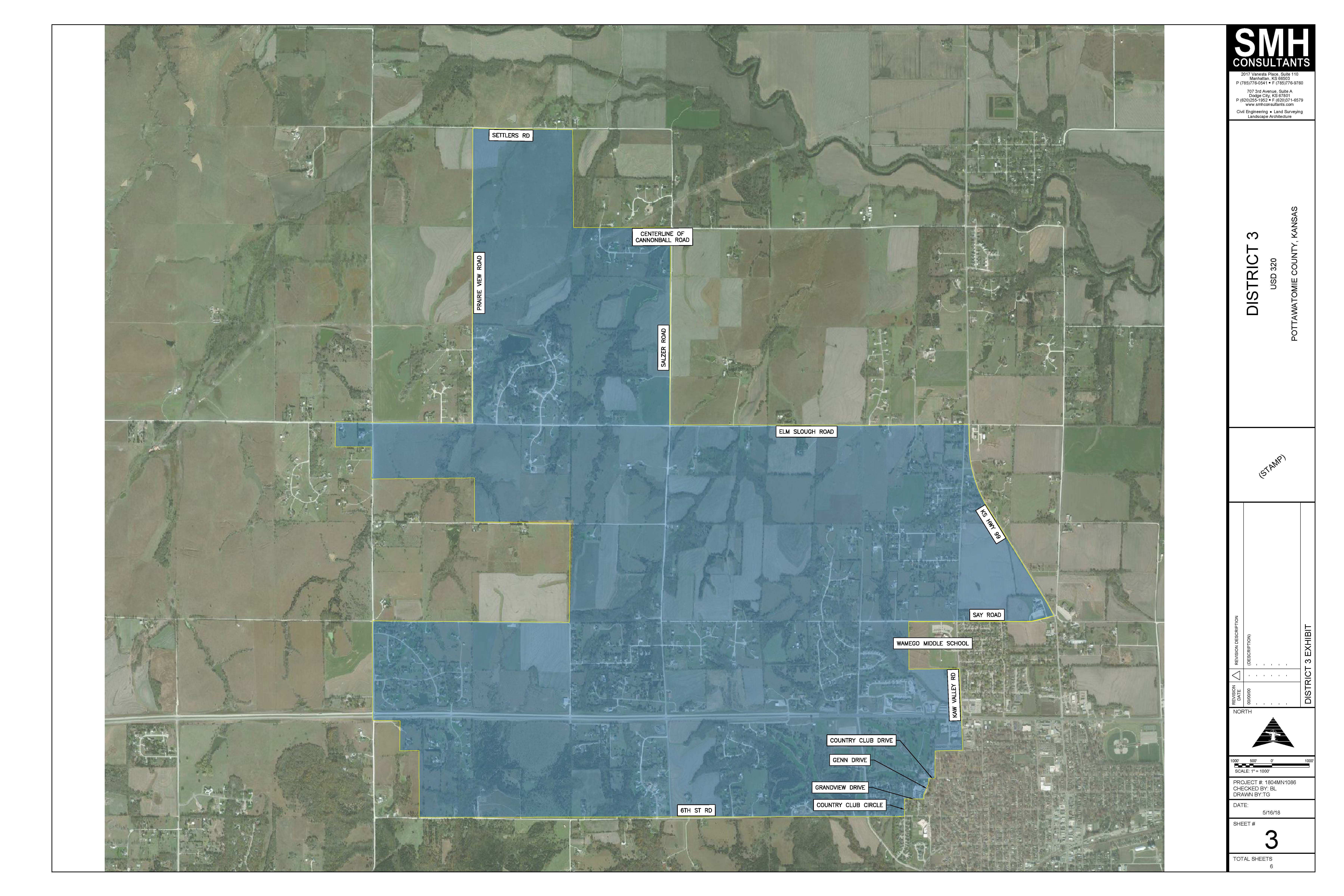 Aerial view of District 3, shaded in blue with yellow boundaries. The district covers western Wamego and extends north and west into rural areas. Labels identify Settlers Rd, Say Rd, Elm Slough Rd, Cannonball Rd, Country Club Dr, and Winderd Middle School. The map includes several residential street labels near Wamegoundefineds edge.